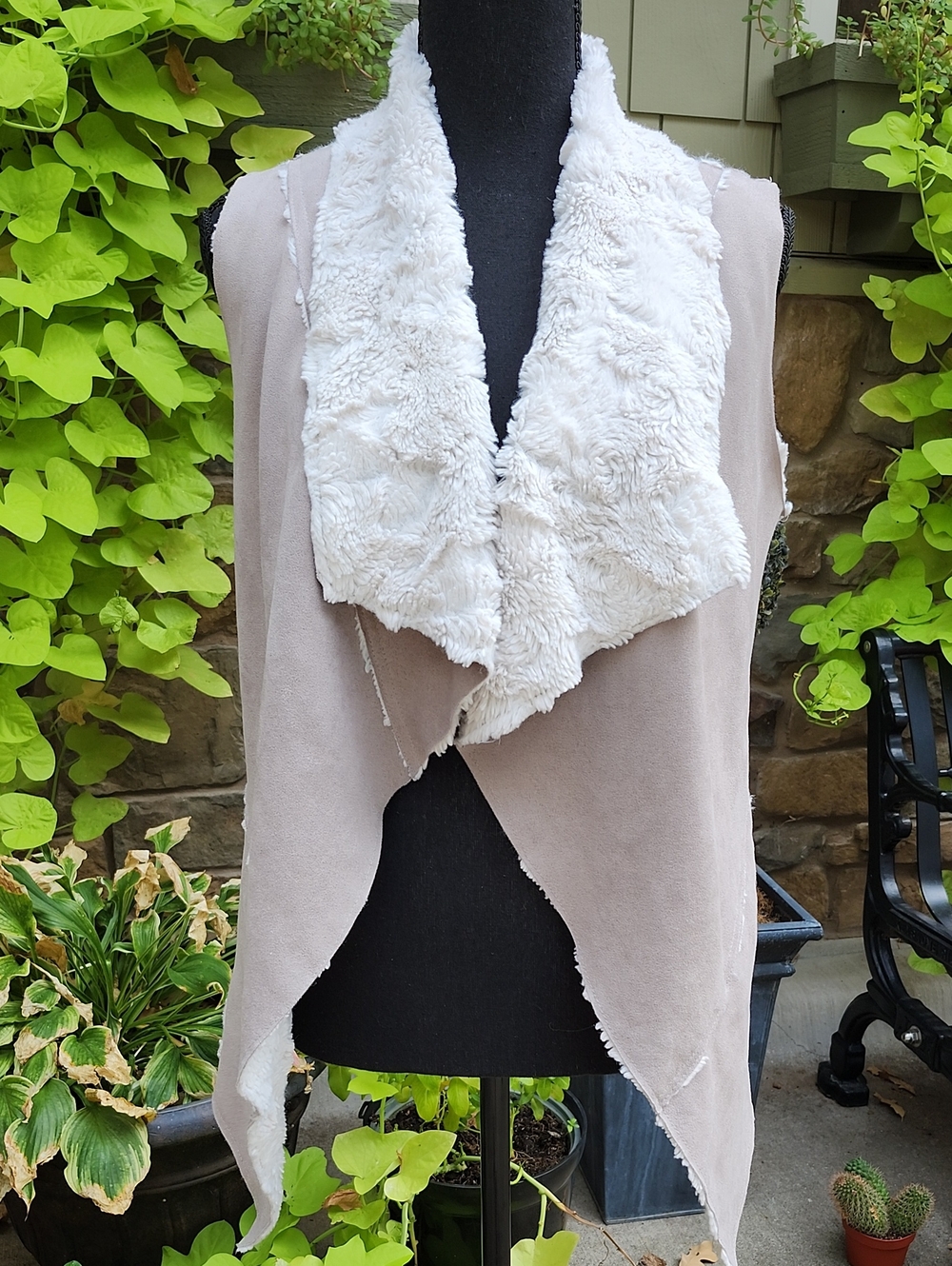 ONE THE LAND TAUPE FAUX SUEDE AND SHEARLING OPEN FRONT VEST
